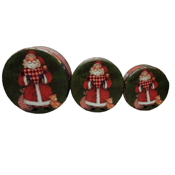 Vintage Christmas Santa Nesting Metal Tins Teddy Bear Plaid Retro Holiday Decor - Picture 3 of 16
